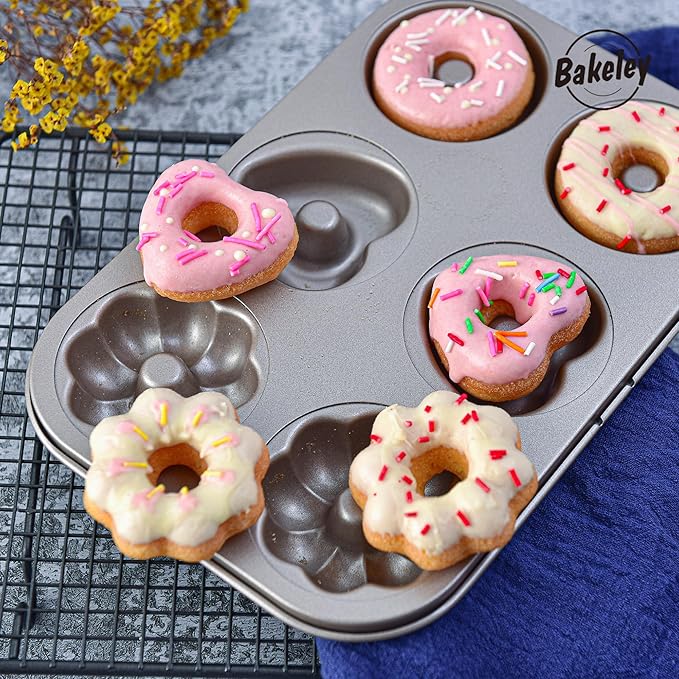 Fancy Donut Pan, 6 Cavity Donut Mold Heavy Duty Steel Non-stick Heart Flower Round Shaped Bund Pans Pattern Doughnut Bakeware for Oven Baking (Champagne Gold)