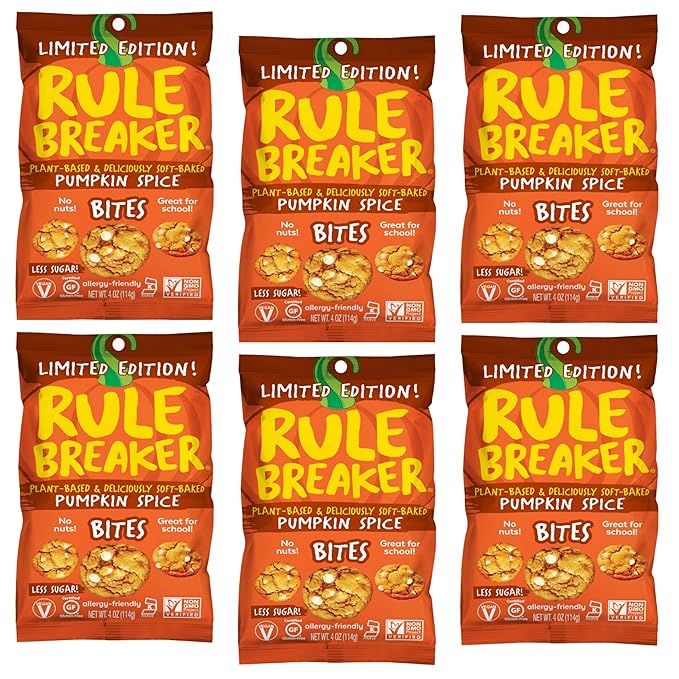 Rule Breaker Vegan & Gluten-Free Cookies | Pumpkin Spice Bites | Plant-Based, Dairy, Nut, Soy, Allergen Free, Kosher | Soft-Baked School Snacks for Kids and Adults | Better-For-You Bites (Pack of 6)