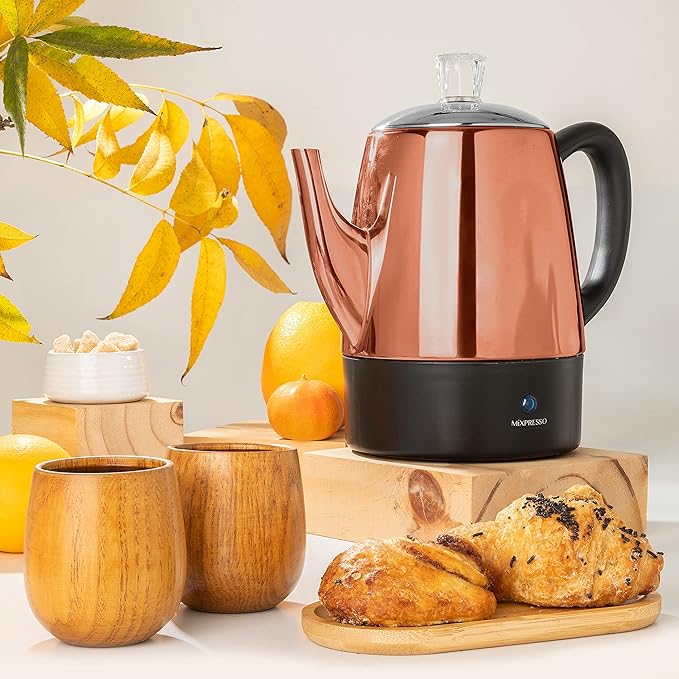Mixpresso Electric Coffee Percolator Copper Body with Stainless Steel Lids Coffee Maker, Percolator Electric Pot - 4 Cups, Copper Camping Coffee Pot