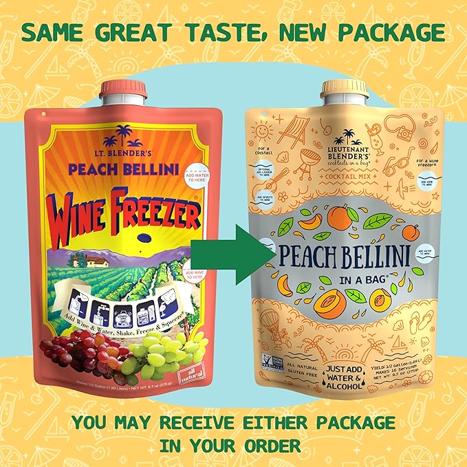 Lt. Blender's Peach Bellini in a Bag - Wine Slushie Mixes - Each Bag Makes 1/2 Gallon of Frozen Peach Bellini Mix – Non-GMO Wine Freezer mix - Make with Wine, Liquor or as a Mocktail - (Pack of 5)