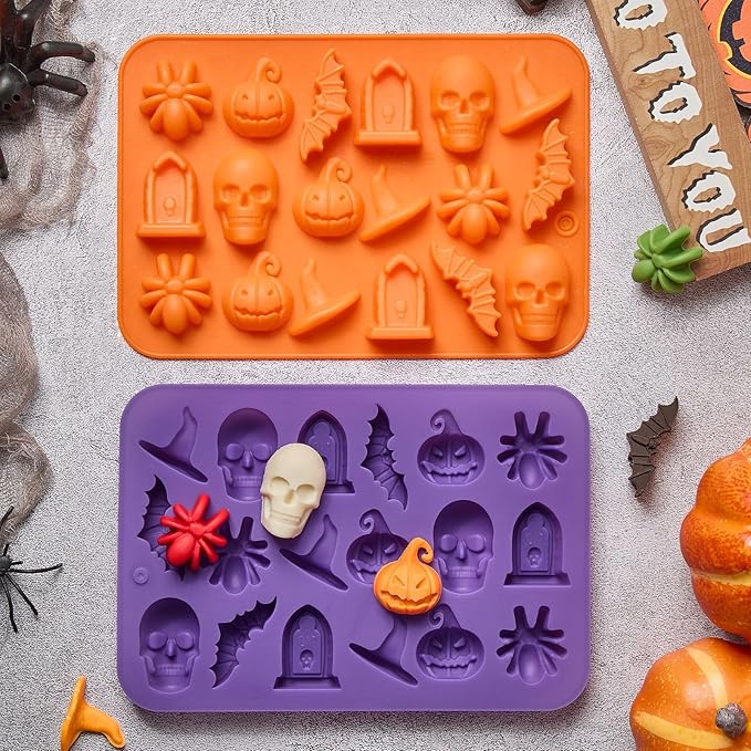 JOERSH Halloween Chocolate Silicone Molds, 4PCS Skull Pumpkin Witch Hat Bat Spider Tombstone Shaped Candy Mold Non Stick Baking Pan for DIY Chocolate, Fondant, Cake Decorating