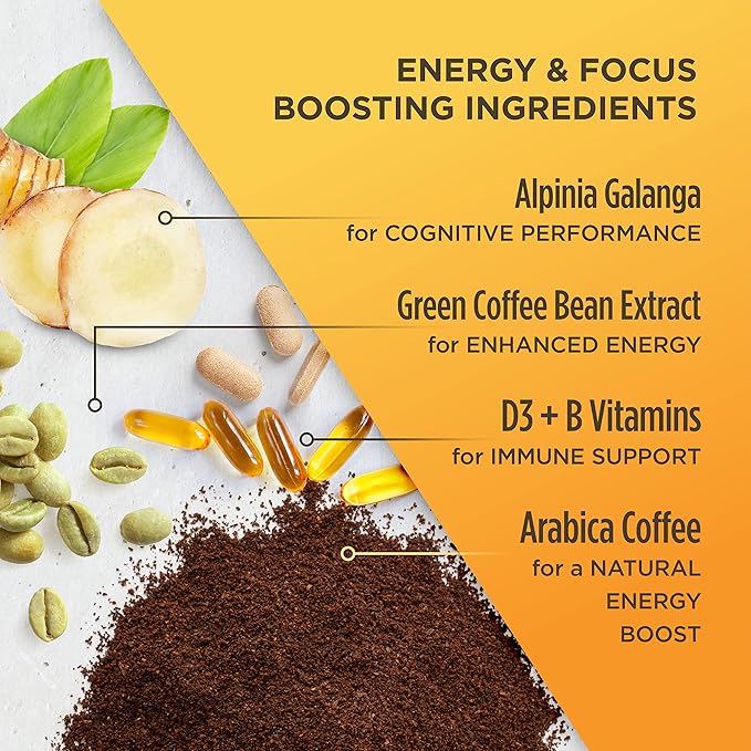 VitaCup Lightning Coffee Pods, for Memory & Focus w/ 2X Caffeine, Green Coffee Bean, B Vitamins, D3, Strong Dark Roast, Recyclable Single Serve Pod Compatible with Keurig K-Cup Brewers,32 Ct