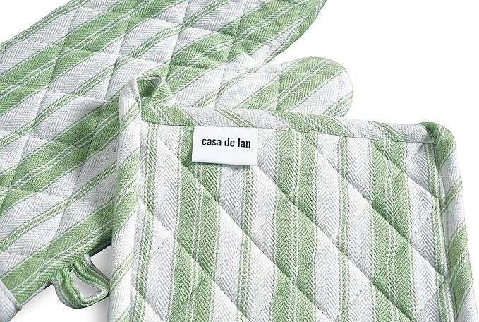 1 Oven Mitt, 1 PotHolder & 1 Kitchen Apron Set - Durable Heat Resistant Gloves - Thick Mittens for Kitchen - Suitable for Cooking, Baking, Grilling – Men & Women – Grass Green Stripes