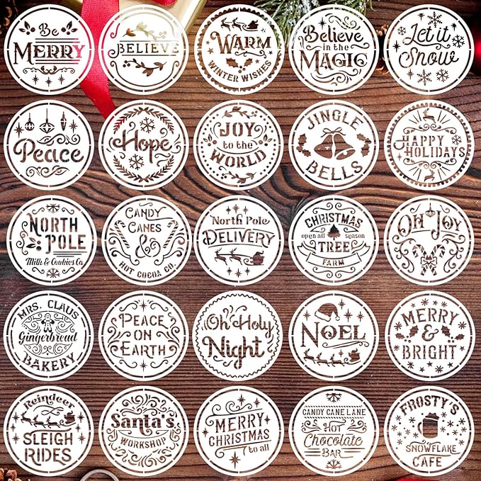 Small Christmas Stencils 4inch,Christmas Stencil Xmas Vintage Stencils Holiday Templates for Painting on Wood Slice