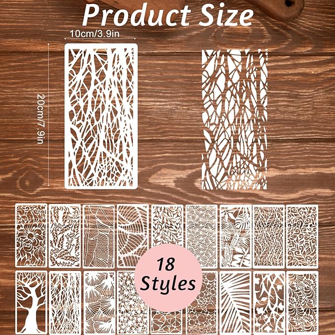 18Pcs Stencils for Crafts Painting, Reusable Cake Stencils Decorating Texture Stencil Background Stencil Leaf Floral Tree Templates for Painting on Wood Furniture Card Canvas Paper Scrapbook