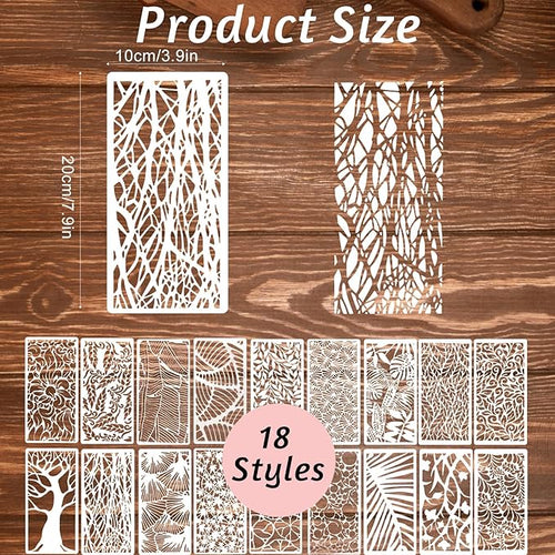 18Pcs Stencils for Crafts Painting, Reusable Cake Stencils Decorating Texture Stencil Background Stencil Leaf Floral Tree Templates for Painting on Wood Furniture Card Canvas Paper Scrapbook