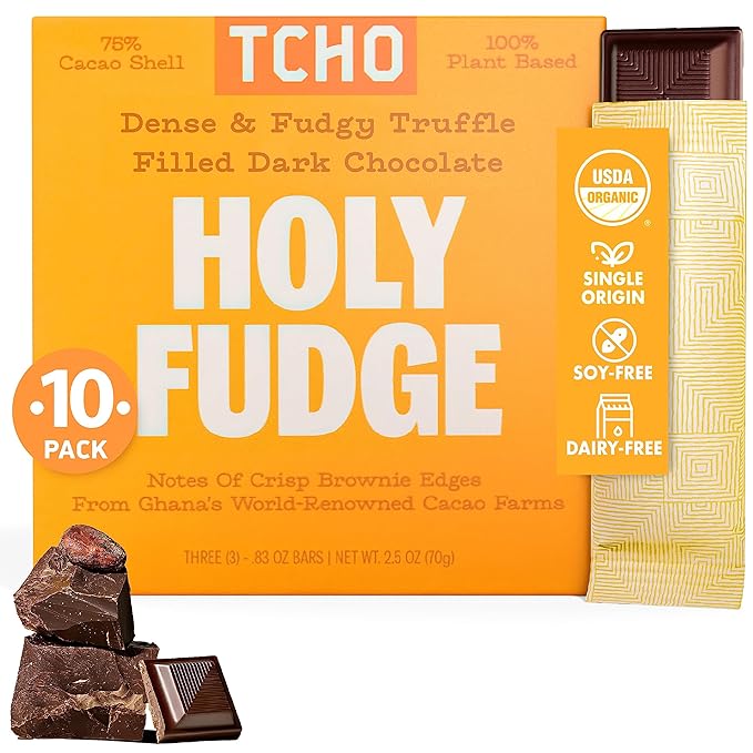 TCHO Holy Fudge 76% Dark Chocolate Bars (10 pack) | Single Origin, Plant Based, Organic & Fair Trade, | Non GMO, Non-Dairy, Vegan Chocolate, Soy Free (2.5oz each)
