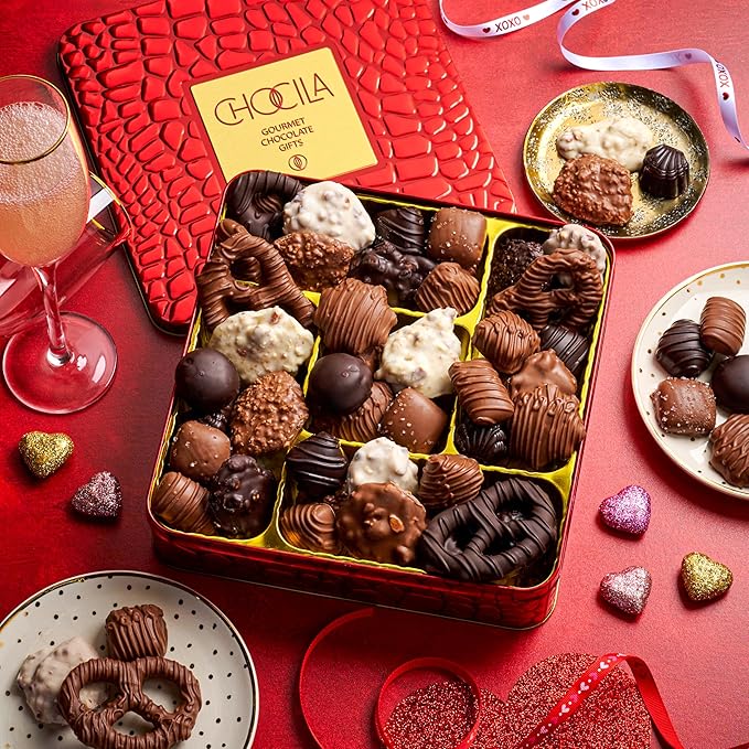 Chocolate Gift Basket, Gourmet Chocolates Variety Snack Box, Assorted Food Arrangement Platter, Birthday Present, Holiday, Corporate Parties, Sympathy, Candy Gifting Idea, Him, Her, Men, Women, Family (Ruby Red)