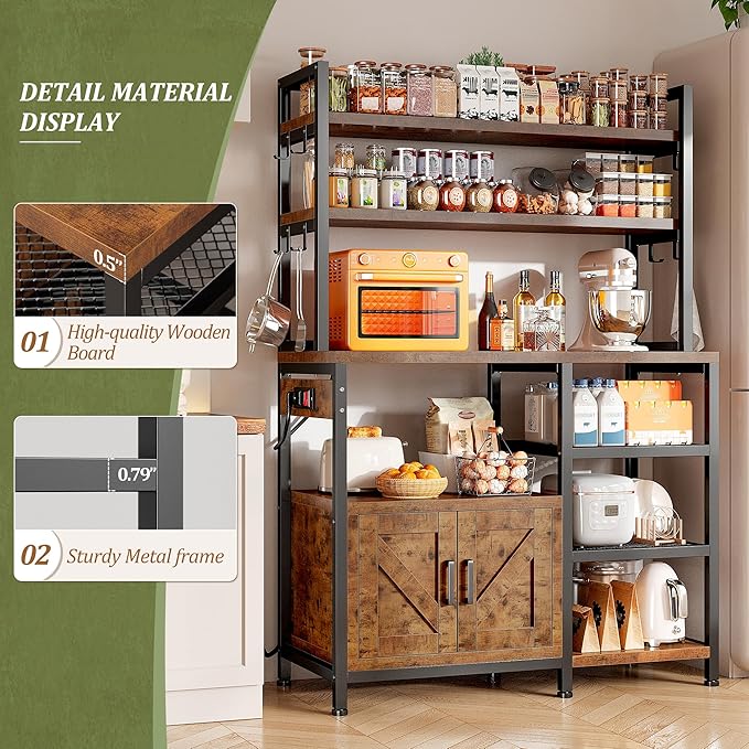 EnHomee Bakers Rack with Power Outlet, 6 Tier Microwave Stand, Coffee Bar Organizer with 8 L-Shaped Hooks, Kitchen Shelves with Storage, 14.1 x 30.1 x 63.1 Inches, Rustic Brown