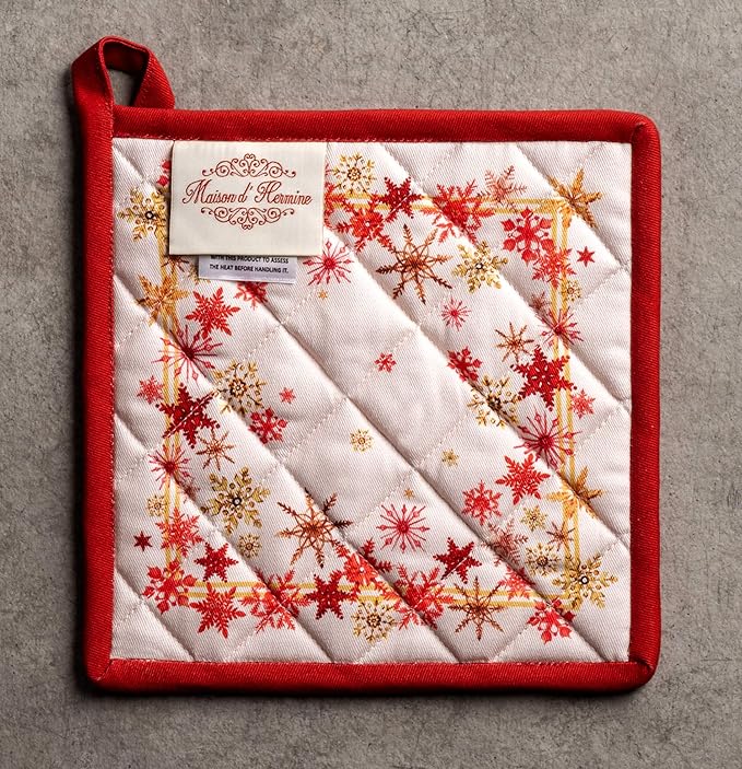 Maison d' Hermine Pot Holders Set 100% Cotton Heat Resistant Potholders 8" x 8" Hot Pads with Loop BBQ, Cooking, Baking, Grilling, Kitchen, Handling Hot Pans (Pack of 2, Crystal Star)