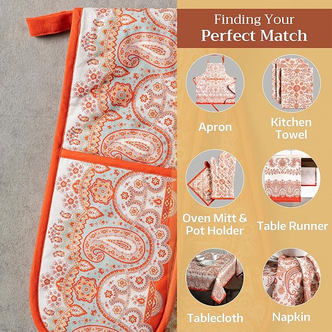 Maison d' Hermine Double Oven Mitts 100% Cotton 7"x35" Double Oven Mitt Heat Resistant BBQ Cooking Gloves with Loop, Baking, Grilling, Home, Kitchen, Handling Hot Pans (Cachemire)