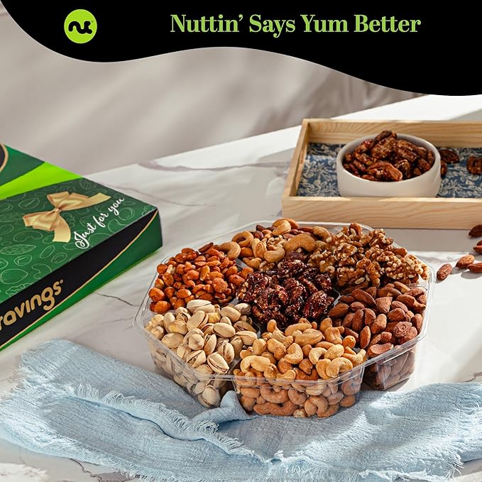 NUT CRAVINGS - Thanksgiving Mixed Nuts Gift Basket in Green Gold Box (7 Assortments, 1 LB) Holiday Xmas Christmas Food Arrangement, Healthy Snack Care Package, Food Assortments