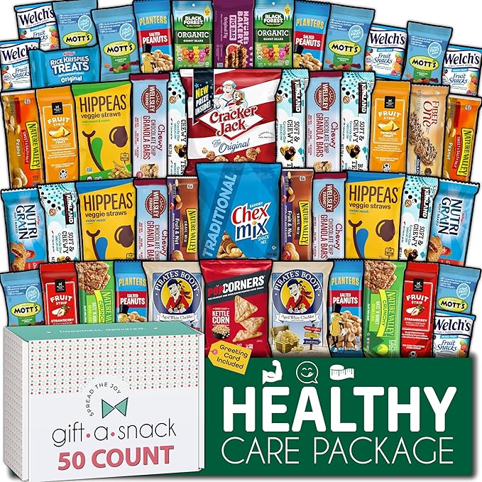 Gift A Snack - Thanksgiving, Holiday, Christmas Stocking Stuffer Healthy Snack Box Care Package + Greeting Card (50 Count) Birthday Treats Gift Basket, Nutritious Granola Breakfast Bars