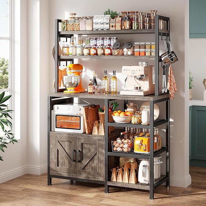 EnHomee Bakers Rack with Power Outlet, 6 Tier Microwave Stand, Coffee Bar Organizer with 8 L-Shaped Hooks, Kitchen Shelves with Storage, 14.1 x 30.1 x 63.1 Inches, Black Oak