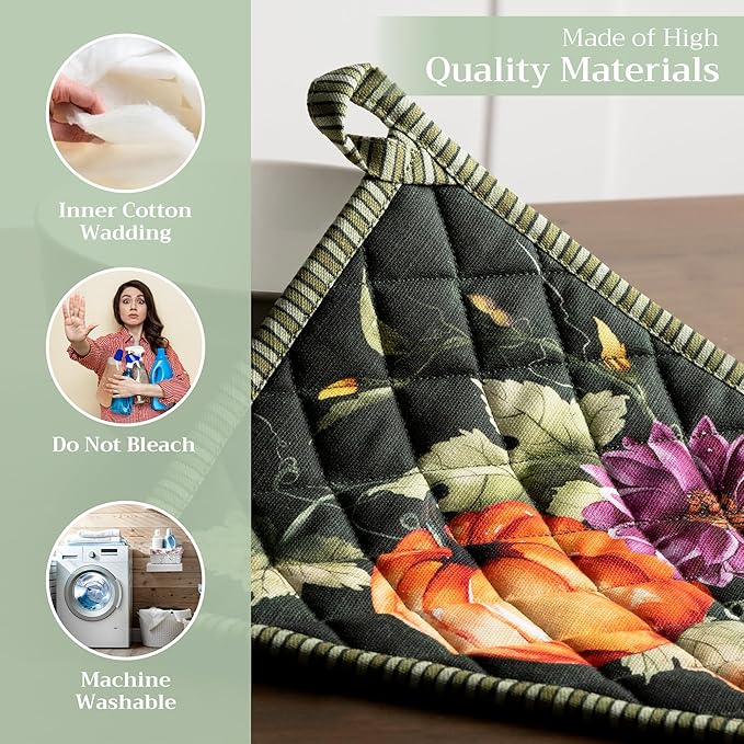 Maison d' Hermine Pot Holders Set 100% Cotton Heat Resistant Potholders 8" x 8" Hot Pads with Loop BBQ, Cooking, Baking, Grilling, Kitchen, Handling Hot Pans (Pack of 2, Pumpkin Garden - Dark Green)