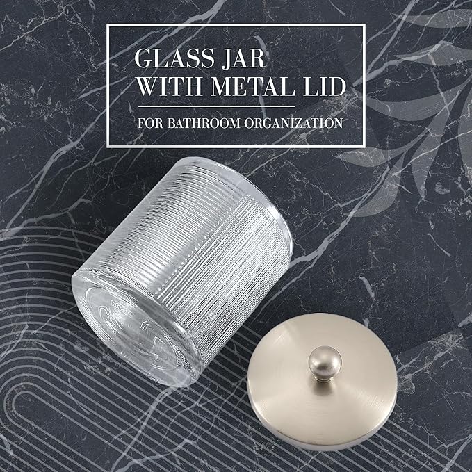 Glass Jar with Metal Lid for Bathroom Organization, Clear Apothecary Jar for Cotton Balls, Q Tips, and Small Accessories, Stylish Bathroom Storage Container Nickel, Clear