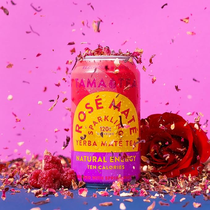 Sparkling Rose Yerba Mate by Tama Tea - Unsweetened Natural Energy Drink with Real Fruit & Herbs - Healthy Caffeine Drink Alternative - 120mg of Brain-Boosting Caffeine, 10 Calories - 12oz Pack of 12