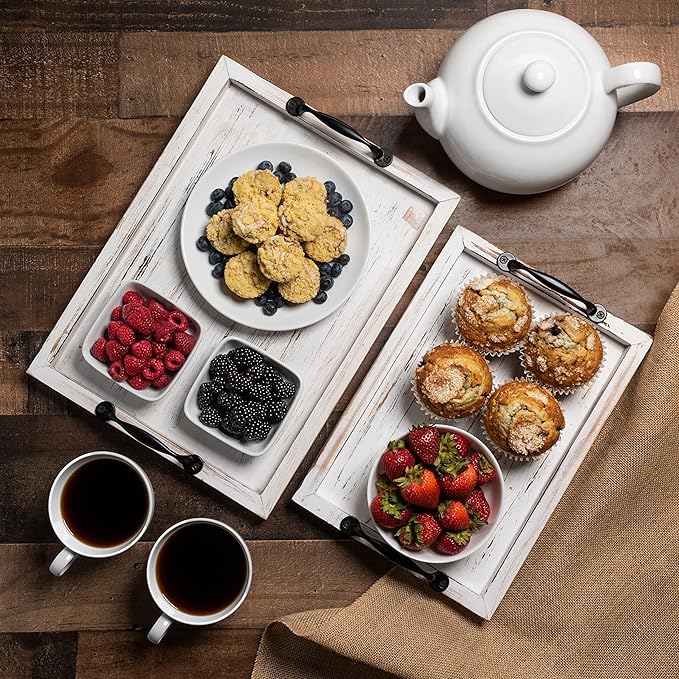 Rustic Serving Tray with Handles - 2 Nesting Trays for Serving Food - Wooden Tray for Decor, Coffee Table & Ottoman - Large Serving Tray with Distressed White Finish to Complement Any Decor