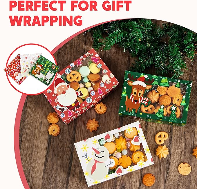 JOYIN 12 PCS Christmas Cookie Boxes for Gift Giving, 8.75" x 5.75" x 2.75" Bakery Treat Boxes Containers with Window for Xmas Holiday Birthday Party Pastries, Cupcakes, Brownies, Donuts, Baked Goods