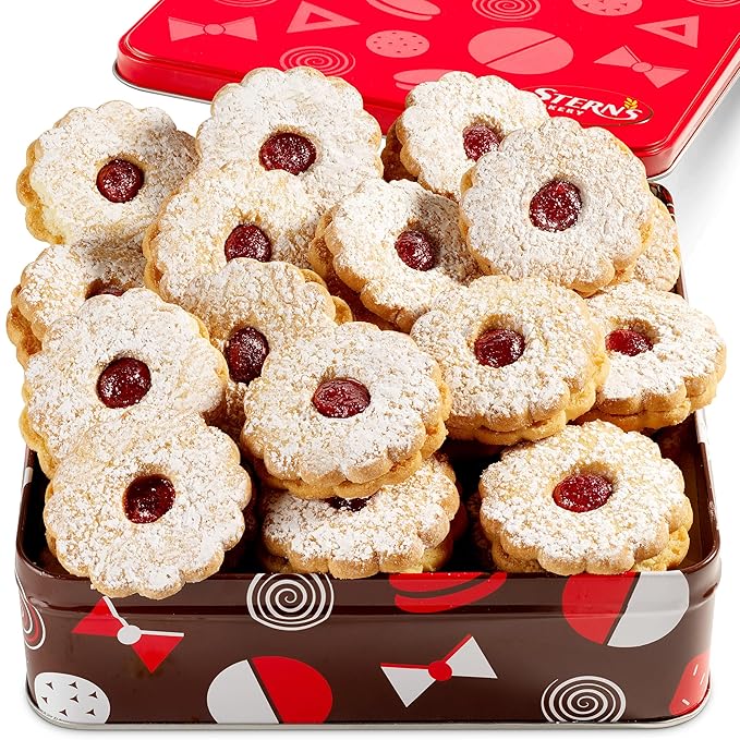 STERN'S BAKERY Linzer Tart Cookies – Christmas Cookies in a Tin | Raspberry Shortbread Cookies – Gourmet Holiday Food Gifts for Women, Corporate & Friends – Kosher, Nut Free, Dairy Free