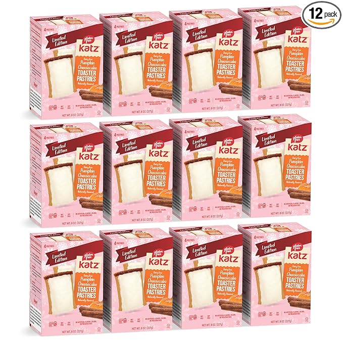 Katz Gluten Free Pumpkin Cheesecake Toaster Pastries. Limited Edition Fall Flavor Breakfast Snack. Free of Dairy, Peanuts, Tree Nuts, and Sesame, No Artificial Color. Kosher (12Pk)