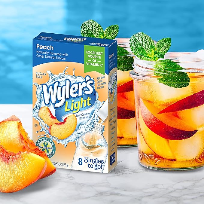 Wyler’s Light Singles-To-Go Sugar Free Drink Mix, Peach, 8 CT Per Box (Pack of 12)