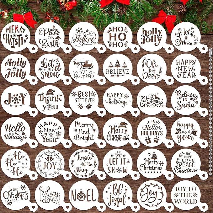 JULBEAR 36 Pieces Reusable Christmas Cake Stencils Templates Molds Tools for Christmas Holiday New Year Cookies Baking Painting Dessert Coffee Decoration