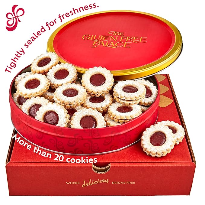 Gluten Free Palace Cookie Gift Basket – Fresh Raspberry Linzer Tart Shortbread Cookies in Tin – Birthday, Corporate, Anniversary, and Thank You Gift