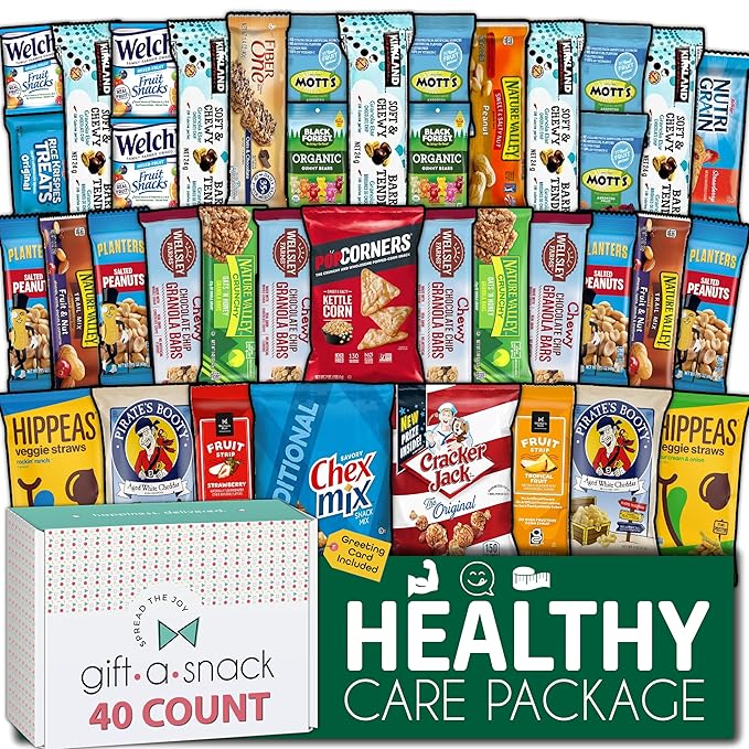 Gift A Snack - Thanksgiving, Holiday, Christmas Stocking Stuffer Healthy Snack Box Care Package + Greeting Card (40 Count) Birthday Treats Gift Basket, Nutritious Granola Breakfast Bars
