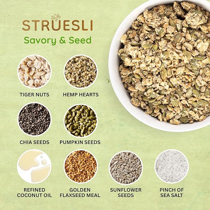 Struesli Savory + Seed Organic Granola, Nut, Grain & Gluten Free, Healthy Snacks with Pumpkin, Sunflower & Chia Seeds, Hemp Hearts, Flax, Tiger Nuts & Sea Salt, Plant Based, Keto & Paleo, 9 Oz