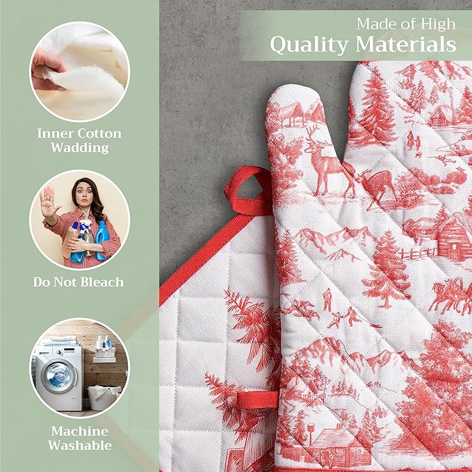 Maison d' Hermine 100% Cotton Oven Mitt & Pot Holder Set (7.5"x13" & 8"x8") Heat Resistant BBQ Cooking Gloves with Loop, Baking, Grilling, Kitchen, Handling Hot Pans (Winter Jouy)