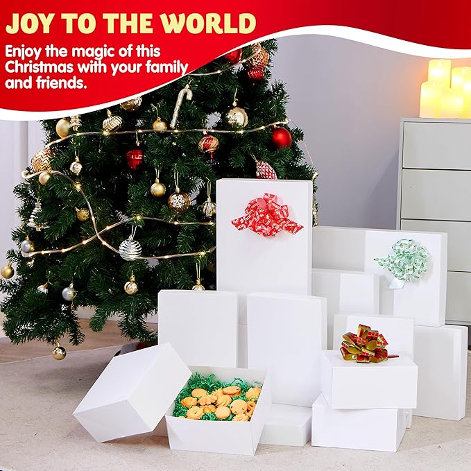 JOYIN 12PCS Christmas White Gift Boxes with Lids for Presents, 4" Deep Large Shirt Robe Wrapping Box, 4 Different Sizes Holiday Festive Lingerie Cupcake DIY Kraft Cardboard Boxes
