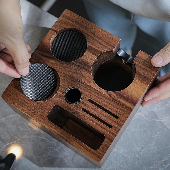 58mm Walnut Espresso Accessories Set – Premium Barista Kit for All 58mm Espresso Machines – Includes Tamper, Tamping Station, Distributor, Knock Box & Dosing Funnel