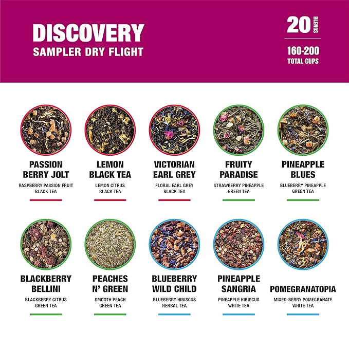 Tiesta Tea - Discovery Sampler Dry Flight Set, Loose Leaf, High to No Caffeine, Hot & Iced Up to 200 Cups, Tea Variety Pack with Green, Herbal, Black & Chai Brew, 20 Resealable Sample Pouches
