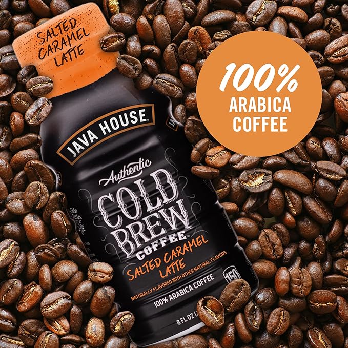 Java House Cold Brew Coffee Ready to Drink Bottles - Salted Caramel Latte - Pack of 12 8oz Bottles - 100% Arabica Coffee