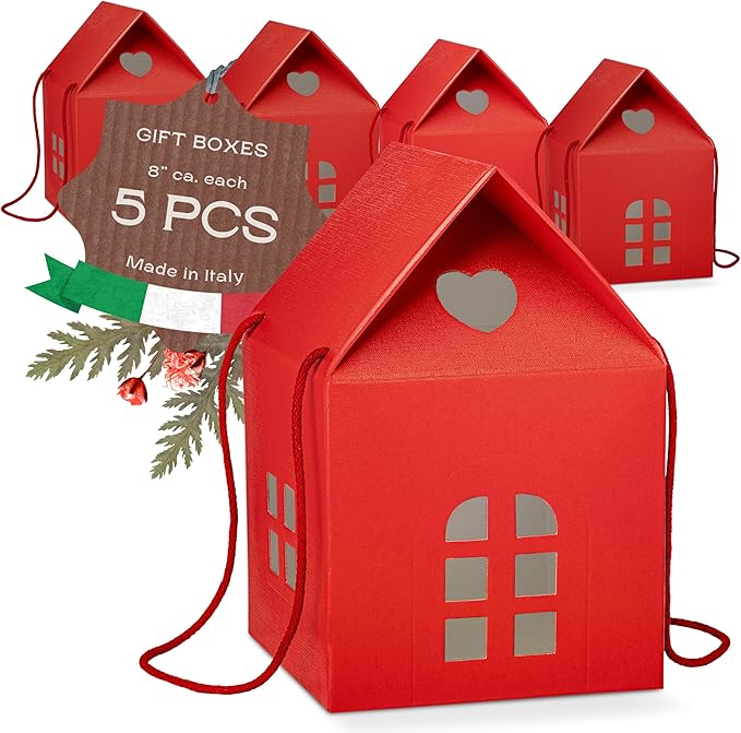 Pack of 5 House Shaped Gift Boxes (7.87 x 7.87 x 7.08 inch) - Mansion Ideal for Christmas and for Treats - Red Linen
