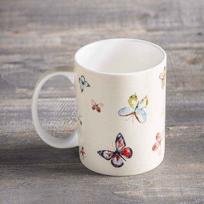 Maison d' Hermine Coffee Mug with Handles Fine Bone China Mugs Pack of One Tea Cups for Hot Beverages Cappuccino Latte Home Restaurant Office Perfect for Gift (Botanical Fresh - Butterflies, 12 Ounce)