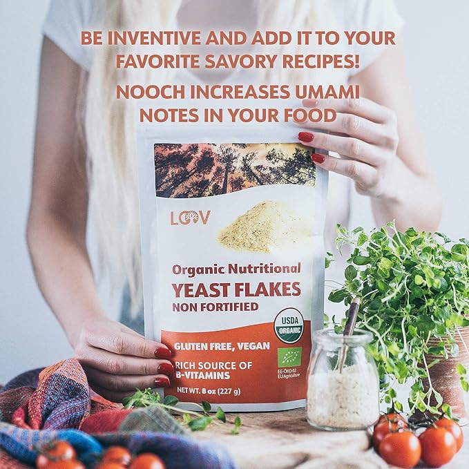 LOOV Organic Non-Fortified Nutritional Yeast Flakes - Vegan, Gluten Free, Non-GMO Unfortified Nooch - Good Source of Natural B-Vitamins - No Added Salt or Sugar - Resealable Bag, 8 Ounces (227 Grams)