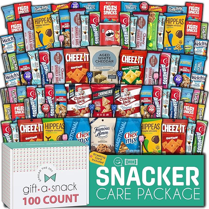 Gift A Snack - Thanksgiving, Holiday, Christmas Stocking Stuffer Snack Box Variety Pack Care Package + Greeting Card (100 Count) Birthday Sweet Treats Gift Basket, Candies Chips Crackers Bars