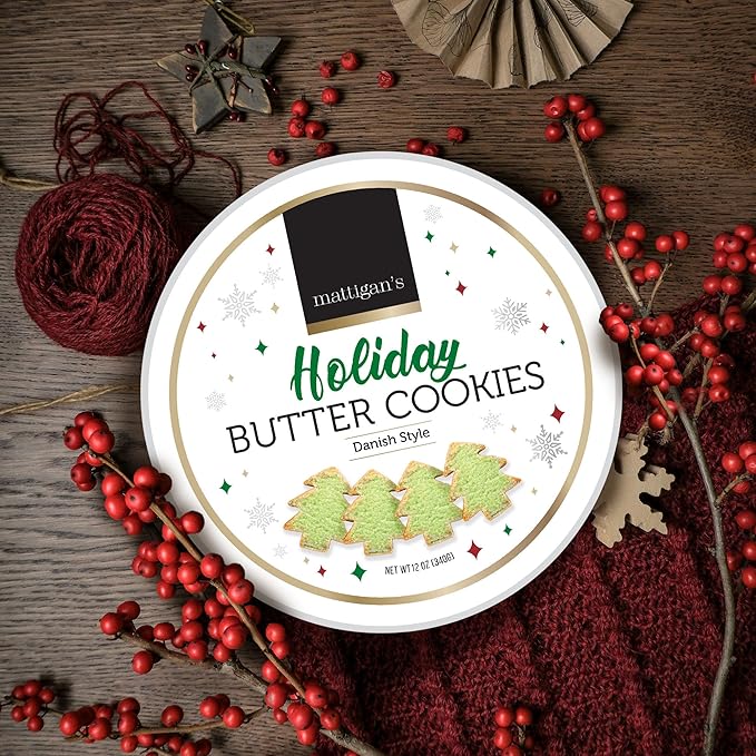 Mattigan's Holiday Butter Cookies, Danish Style Cookie, 12 Oz Tin, Gourmet Gifts, Holidays, Christmas, Stocking Stuffer, Special Occasions, Assorted Cookie Dessert Sweets, Reusable Metal Tin