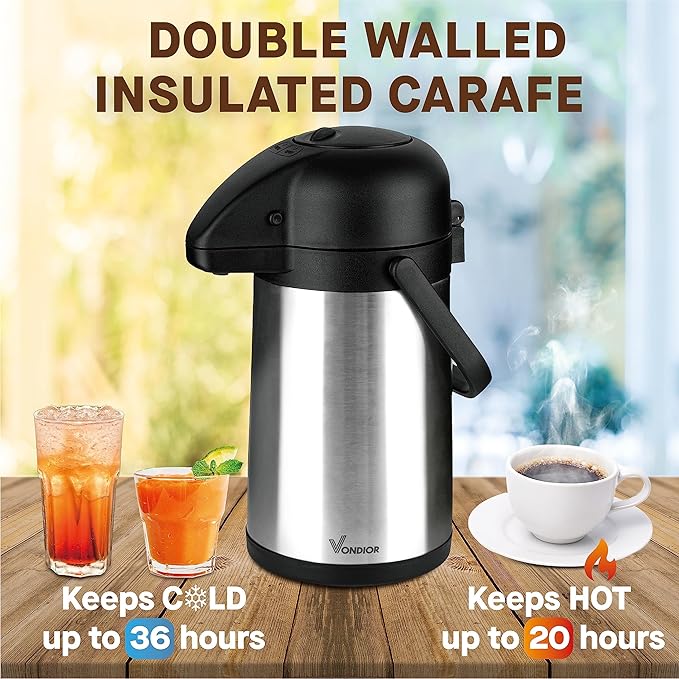 64 Oz Airpot Coffee Dispenser with Pump, Insulated Thermal Coffee Carafe - Stainless Steel Hot Beverage Dispenser - Coffee Urn for Hot/Cold Water, Drink Dispenser for Parties