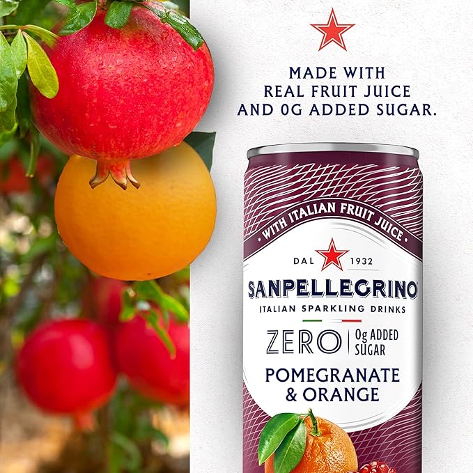 Sanpellegrino Zero Grams Added Sugar Italian Sparkling Drinks Pomegranate Orange, Sparkling Pomegranate Orange Beverage 24 Pack of 11.15 Fl Oz Cans