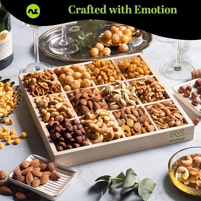 NUT CRAVINGS - Thanksgiving Mixed Nuts Gift Basket in Reusable Wooden Tray + Heart Ribbon (12 Assortments) Holiday Xmas Christmas Food Arrangement, Healthy Snack Care Package