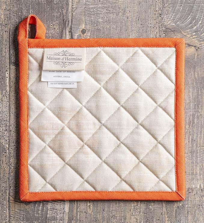 Maison d' Hermine Pot Holders Set 100% Cotton Heat Resistant Potholders 8" x 8" Hot Pads with Loop BBQ, Cooking, Baking, Grilling, Kitchen, Handling Hot Pans (Pack of 2, Colors of Autumn)