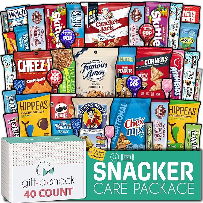 Gift A Snack - Thanksgiving, Holiday, Christmas Stocking Stuffer Snack Box Variety Pack Care Package + Greeting Card (40 Count) Birthday Sweet Treats Gift Basket, Candies Chips Crackers Bars