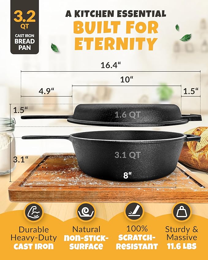 Cast Iron Dutch Oven for Bread Baking - incl. Sourdough Bread Baking Supplies like Banneton Bread-Proofing Basket - 3.2QT Bread-Oven with Lid and handles -Bread pan, Bread-Banking Pan