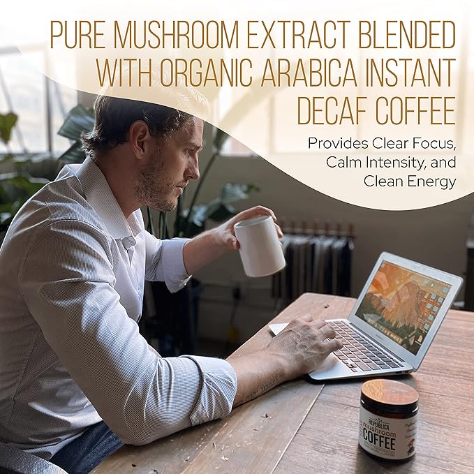 La Republica DECAF Organic Mushroom Coffee (35 Servings) with 7 Superfood Shrooms, Great Tasting Instant Mix Includes Lion's Mane, Reishi, Chaga, Cordyceps, Shiitake, Maitake, and Turkey Tail (Decaffeinated)