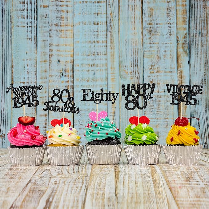 Gyufise 30 Pack Vintage 1945 Cupcake Toppers Glitter Cheers to 80 Fabulous Eighty Cupcake Picks 80th Birthday Wedding Anniversary Party Cake Decorations Supplies Black