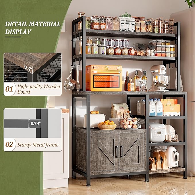 EnHomee Bakers Rack, 6 Tier Microwave Stand, Coffee Bar Organizer with 8 L-Shaped Hooks, Kitchen Shelves with Large Capacity Storage, 14.1 x 30.1 x 63.1 Inches, Black Oak