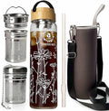 32oz Borosilicate Glass Water Bottle with Bamboo Lid and 2 Tea Infuser Sets for Fruit Infused Water and Cold Brew Coffee - Tea Strainer for Loose Leaf Tea (Flower)